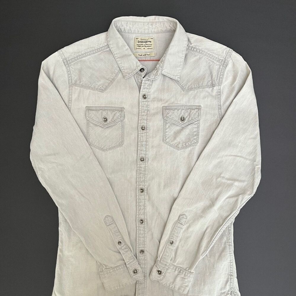 Vintage Co. Simwood Jeans Long Sleeve Shirt, Grey Denim Button Down, Western H2